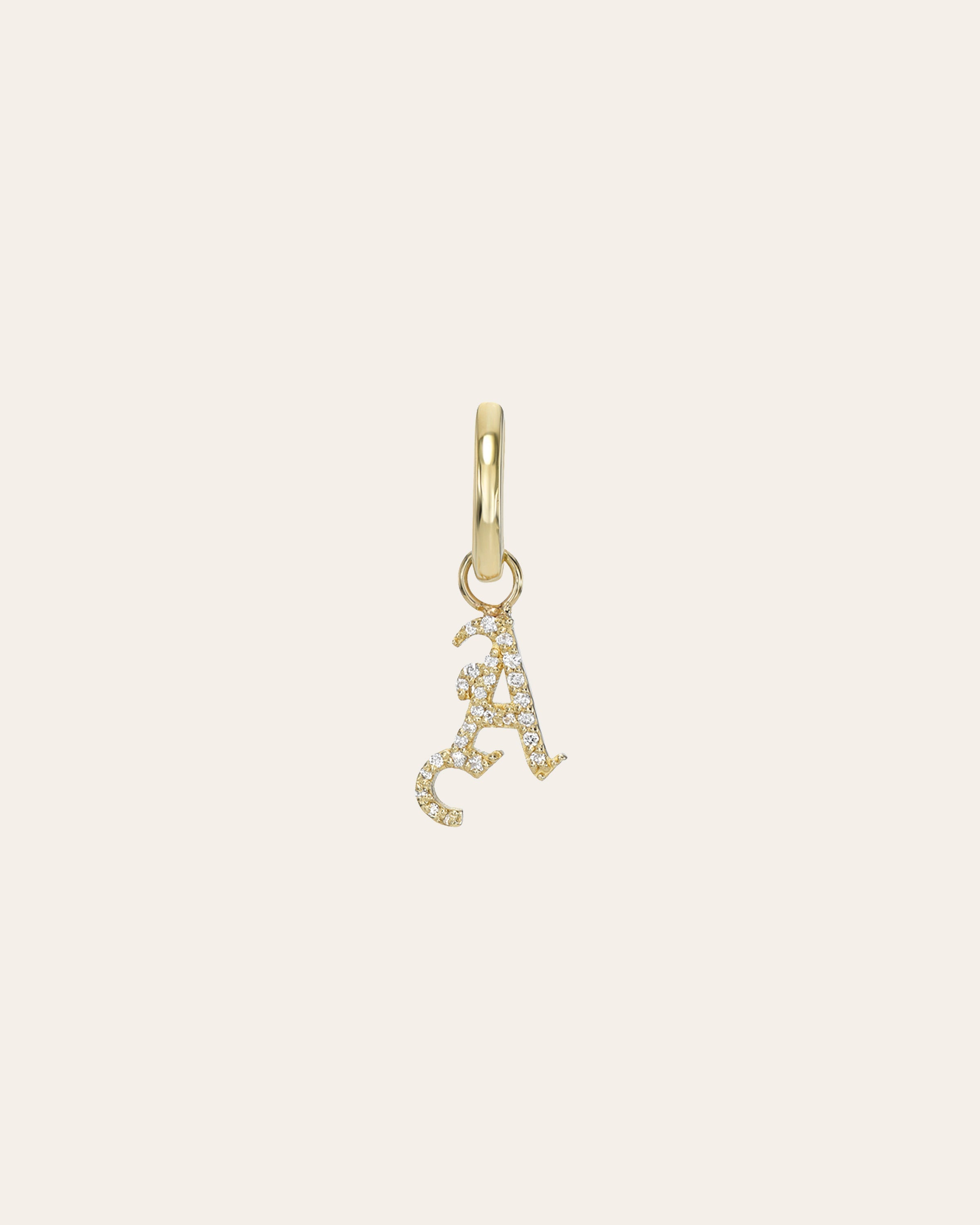 14k Gold Mini Huggie Earring With Diamond Gothic Initial Charm