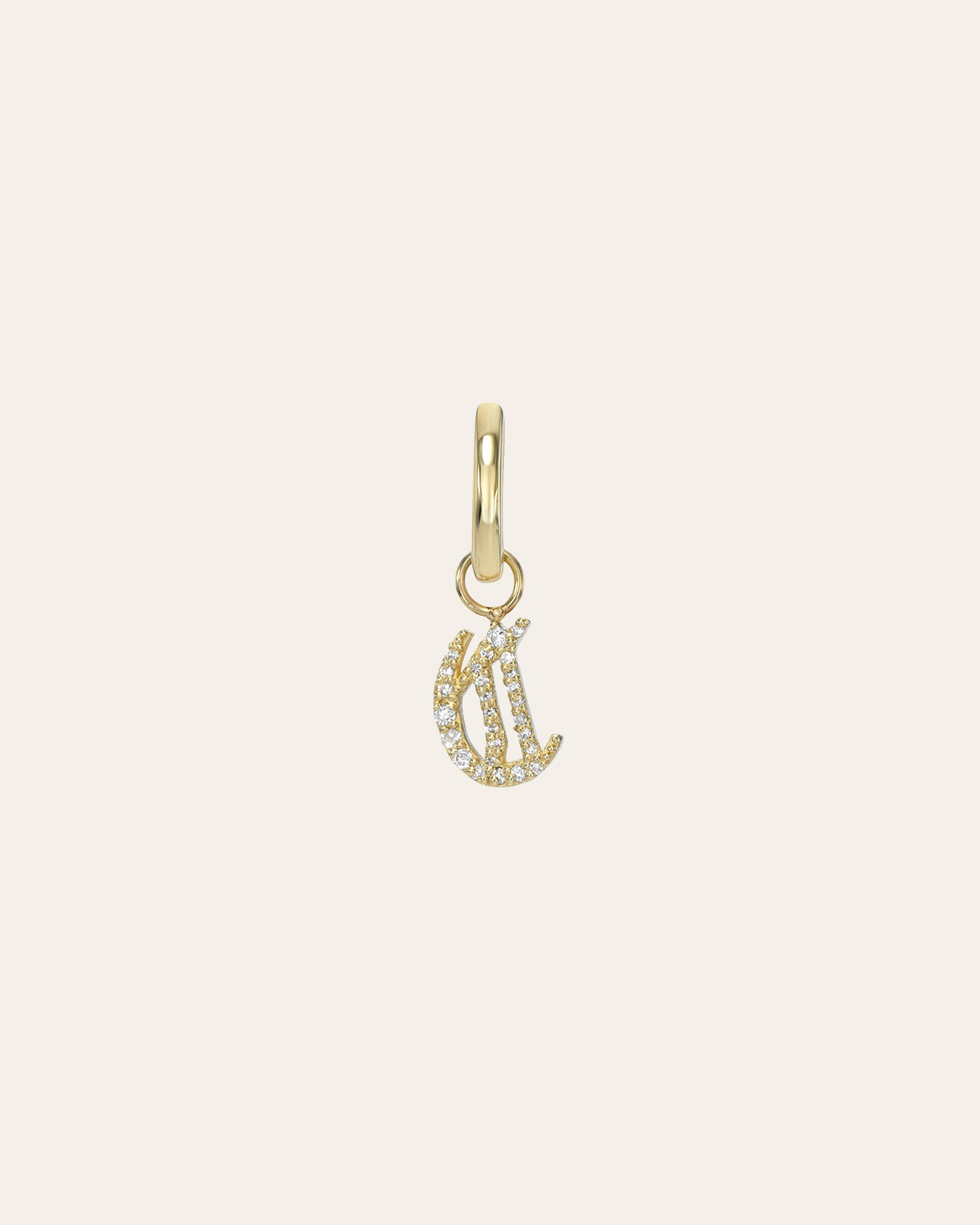 14k Gold Mini Huggie Earring With Diamond Gothic Initial Charm