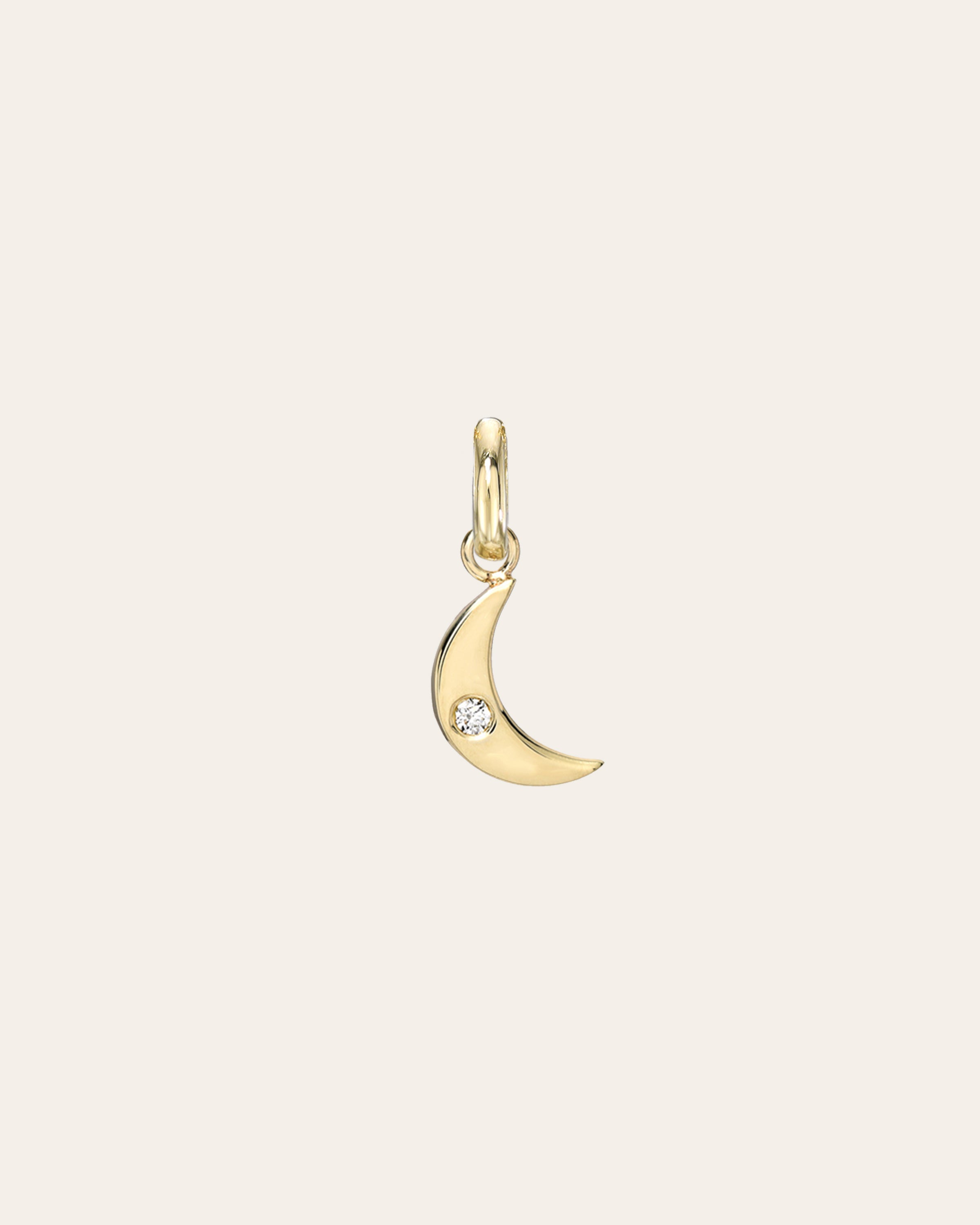 14k Gold Moon With Tiny Diamond Pendant