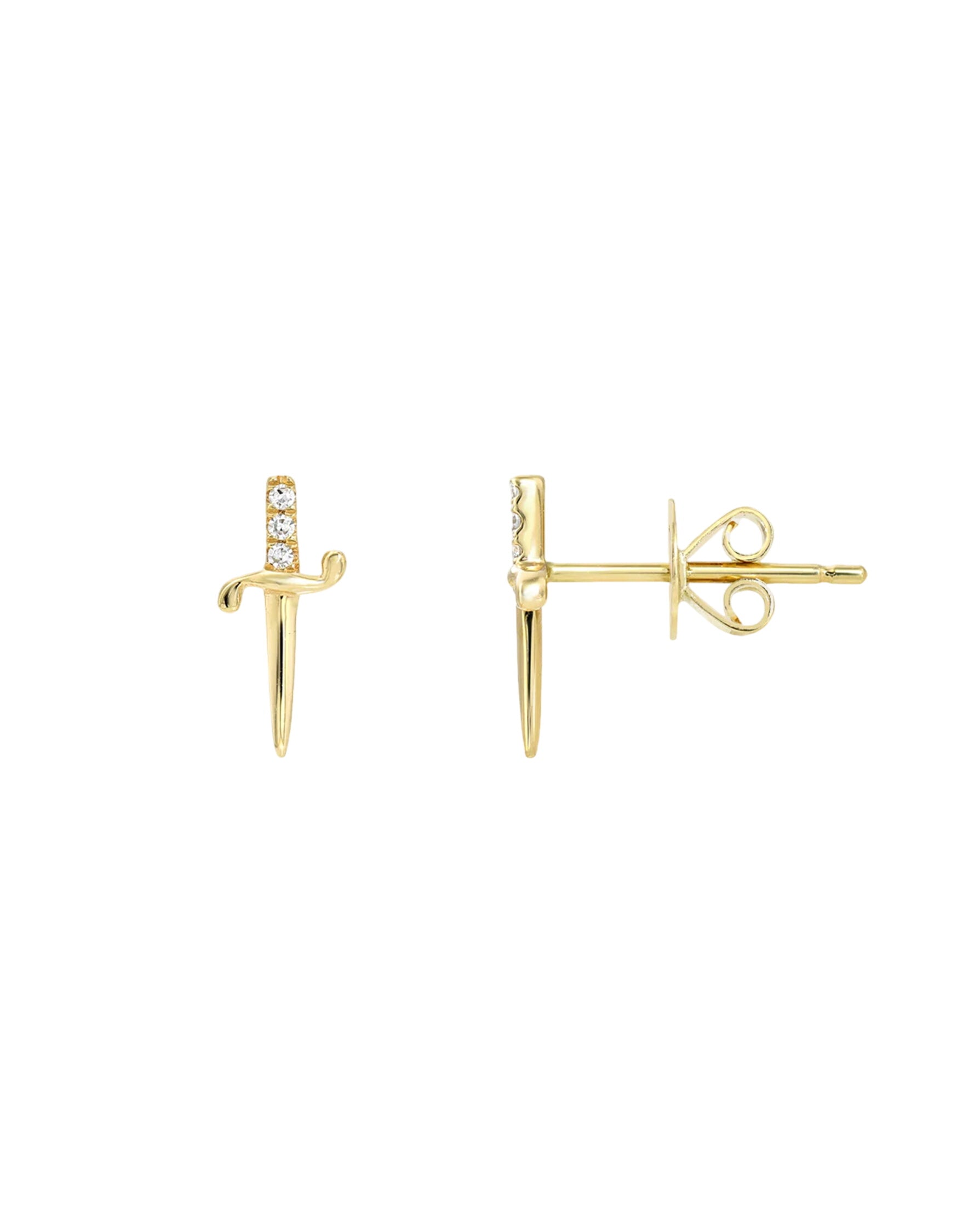 14k Gold Small Diamond Sword Stud Earrings