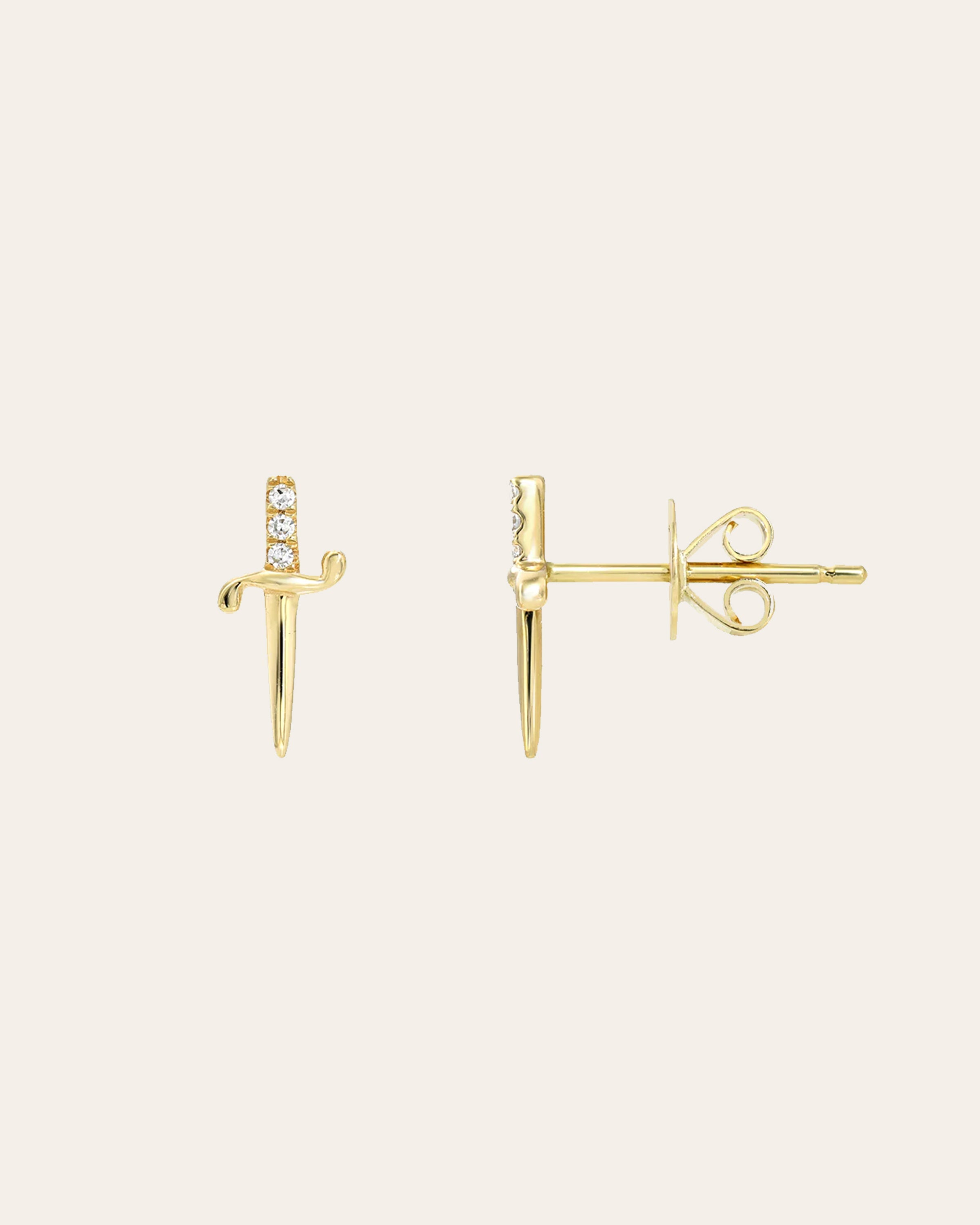 14k Gold Small Diamond Sword Stud Earrings