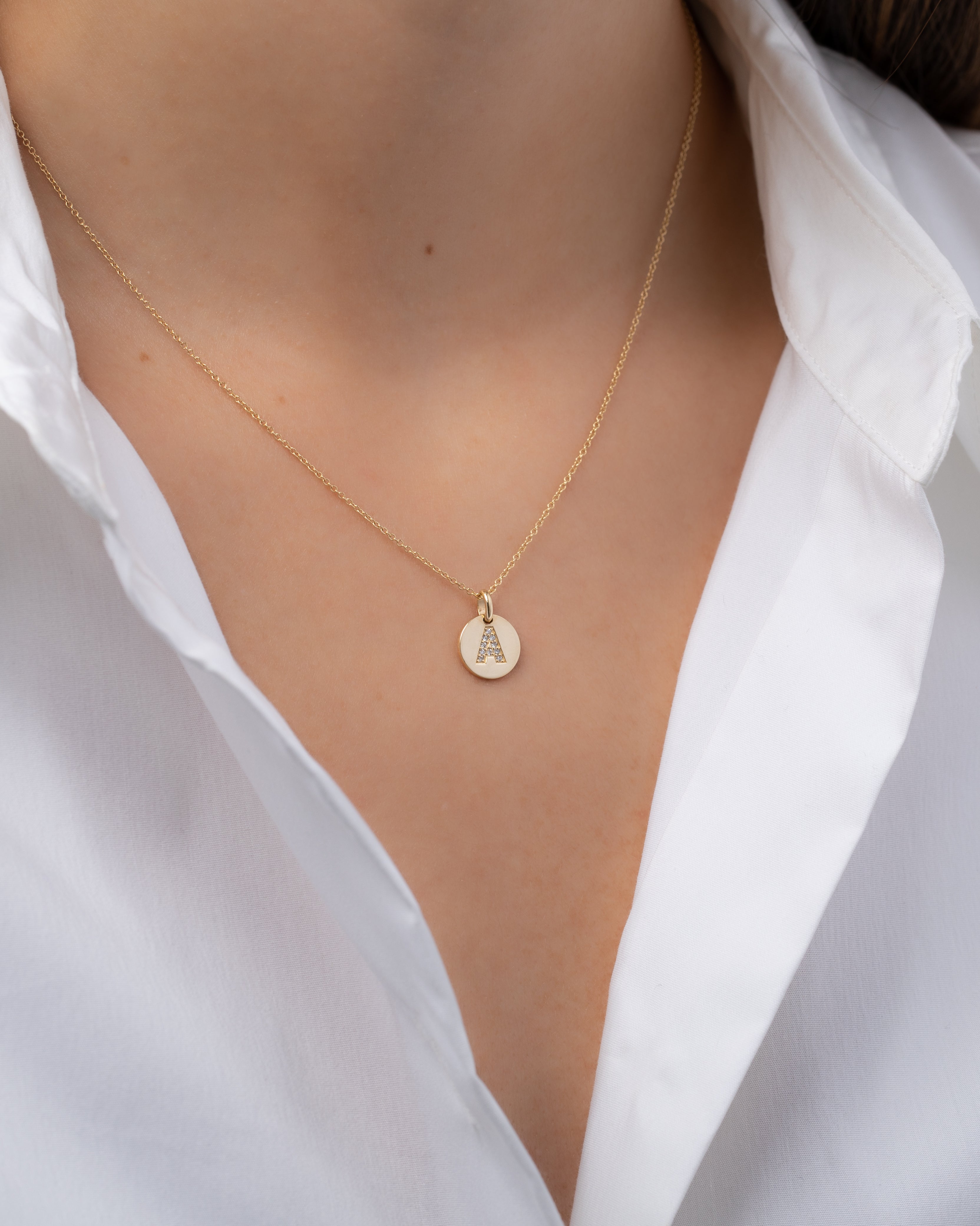 14k Gold Small Diamond Initial Disc Pendant Necklace