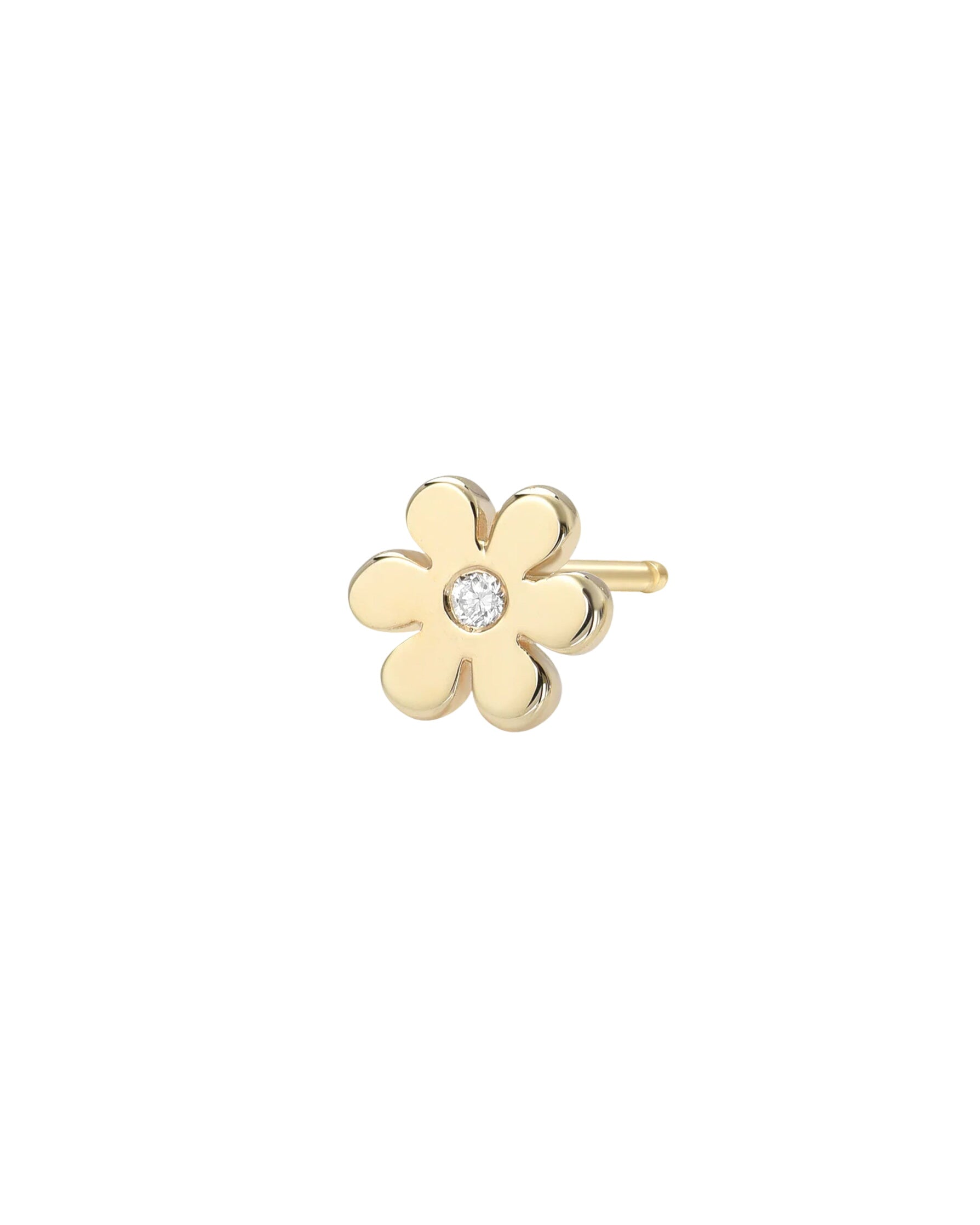 14k Gold Tiny Flower With Diamond Stud Earring