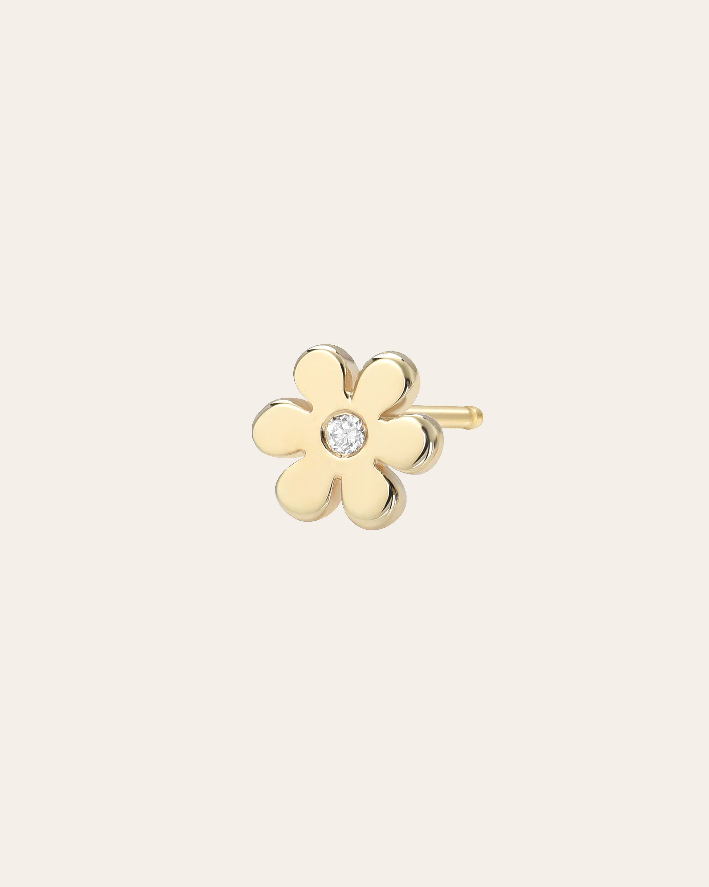 14k Gold Tiny Flower With Diamond Stud Earring