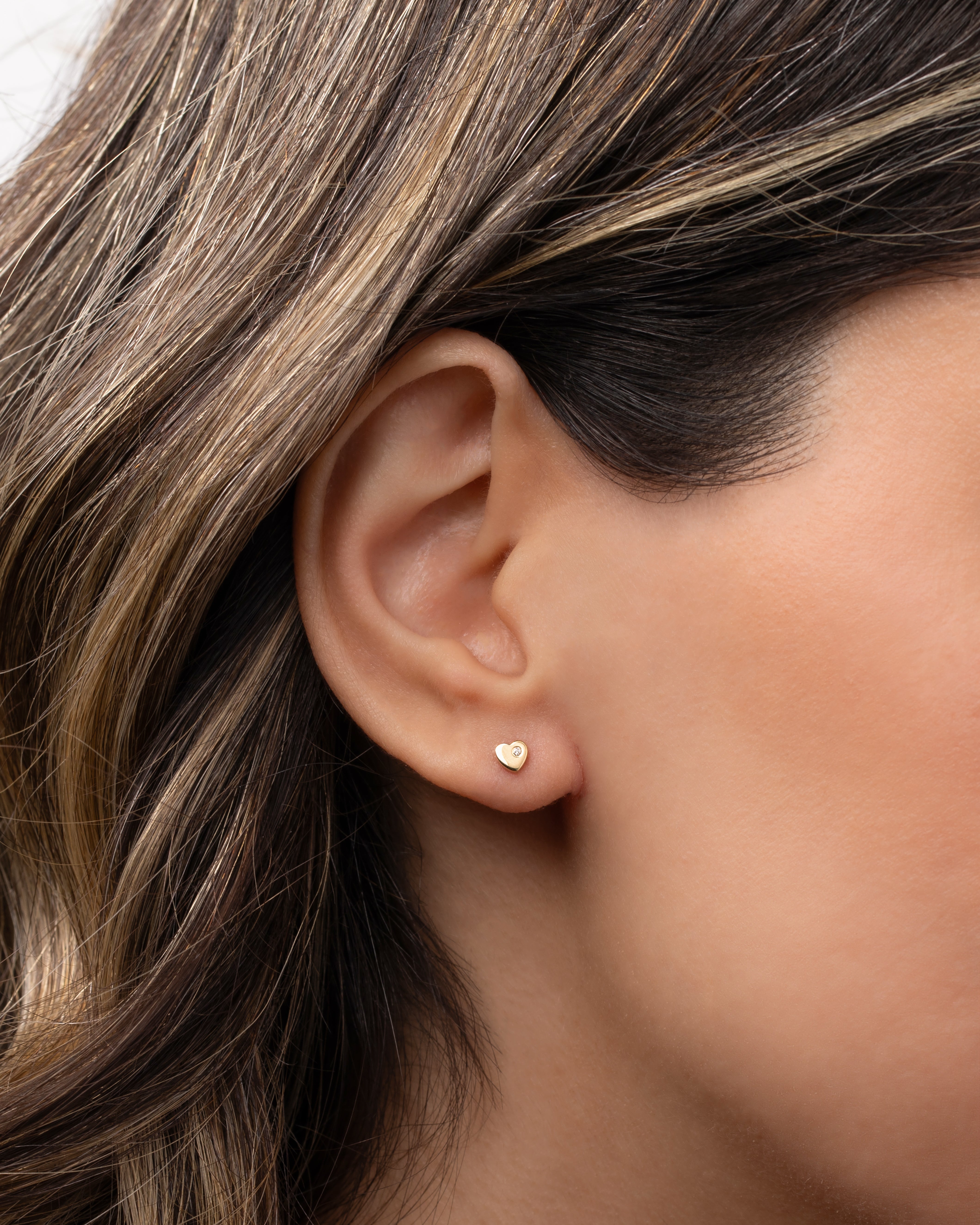 14k Gold Tiny Heart With Diamond Stud Earring