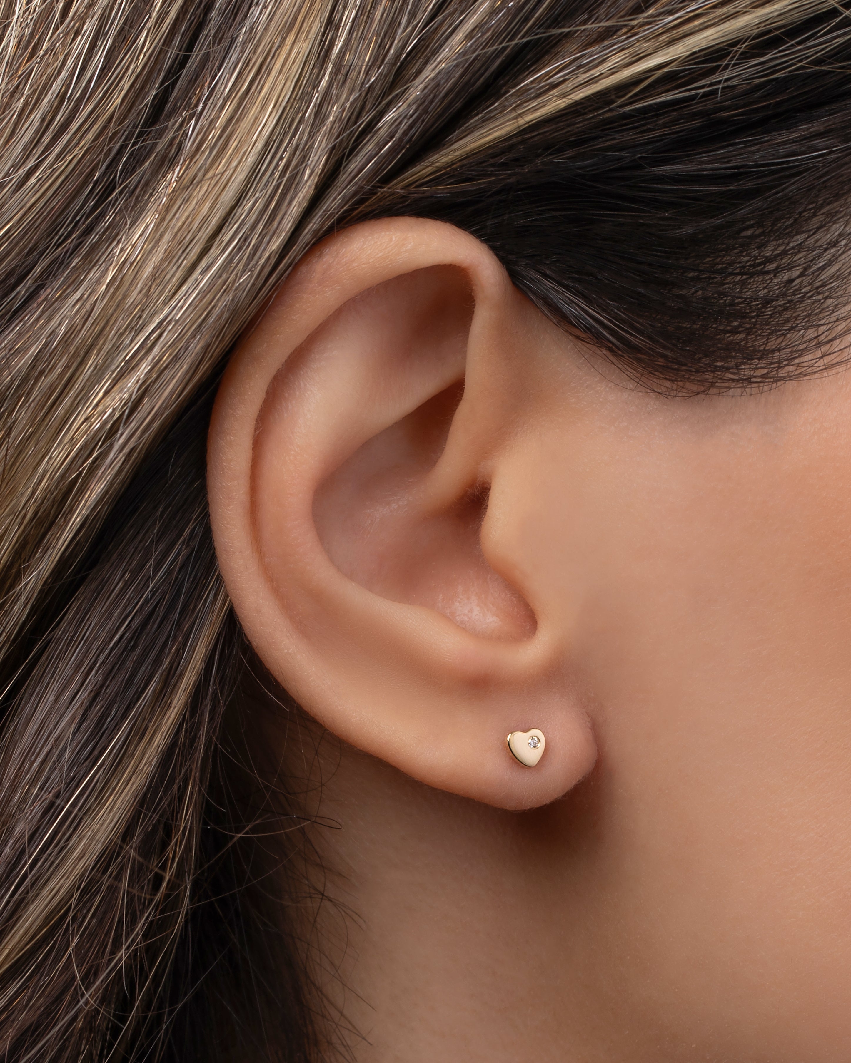 14k Gold Tiny Heart With Diamond Stud Earring