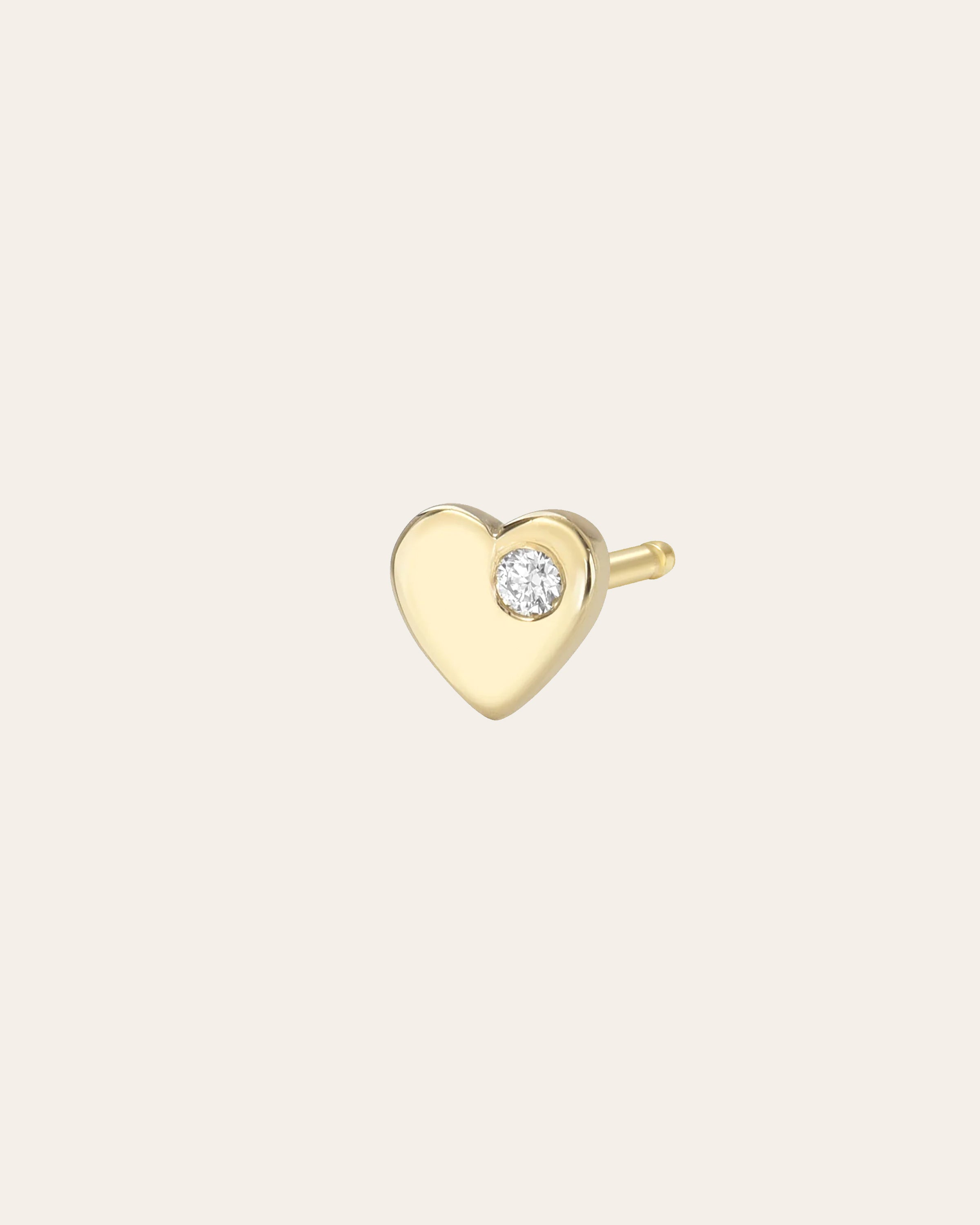 14k Gold Tiny Heart With Diamond Stud Earring