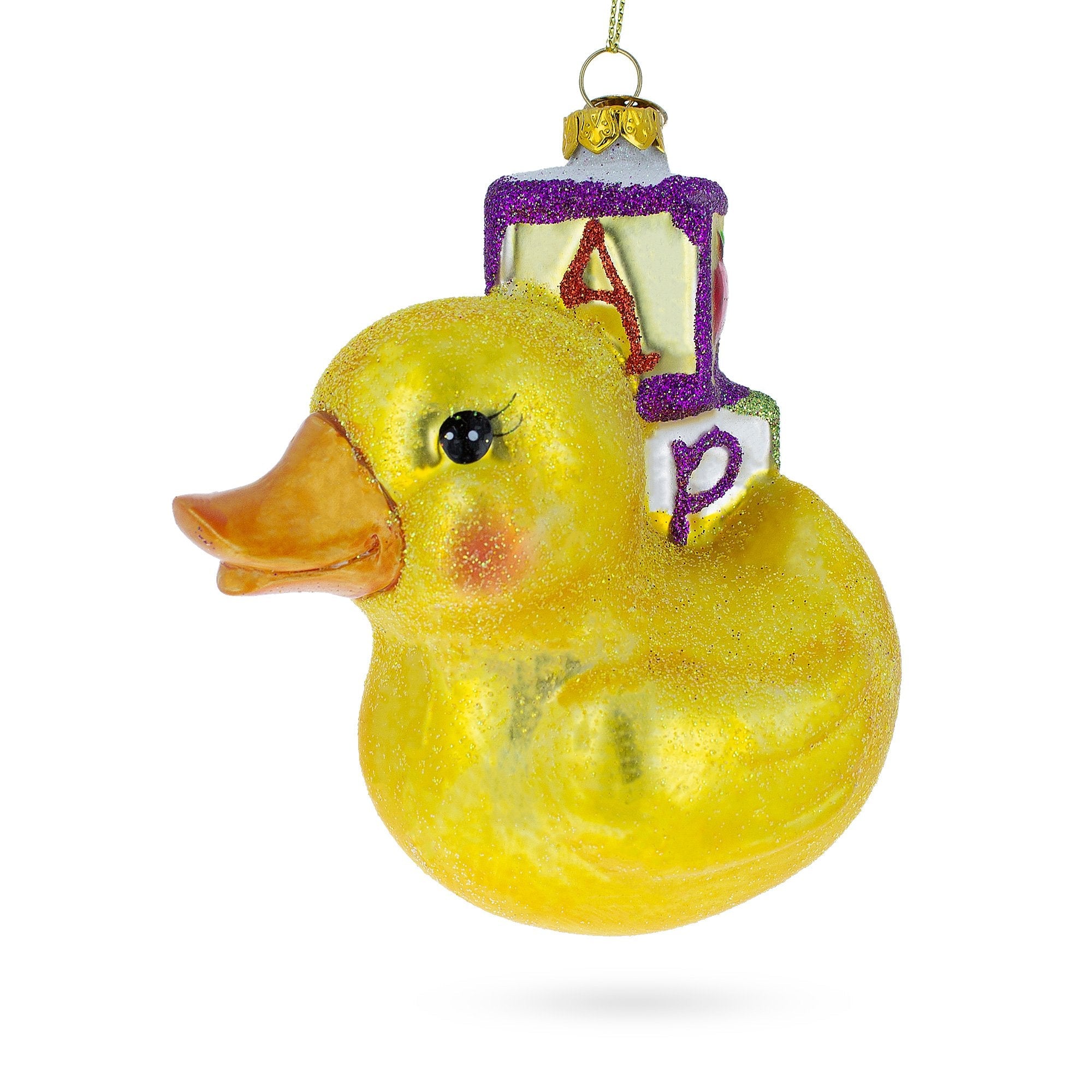 Educational Yellow Duck With Abc Blocks - Blown Glass Christmas Ornament