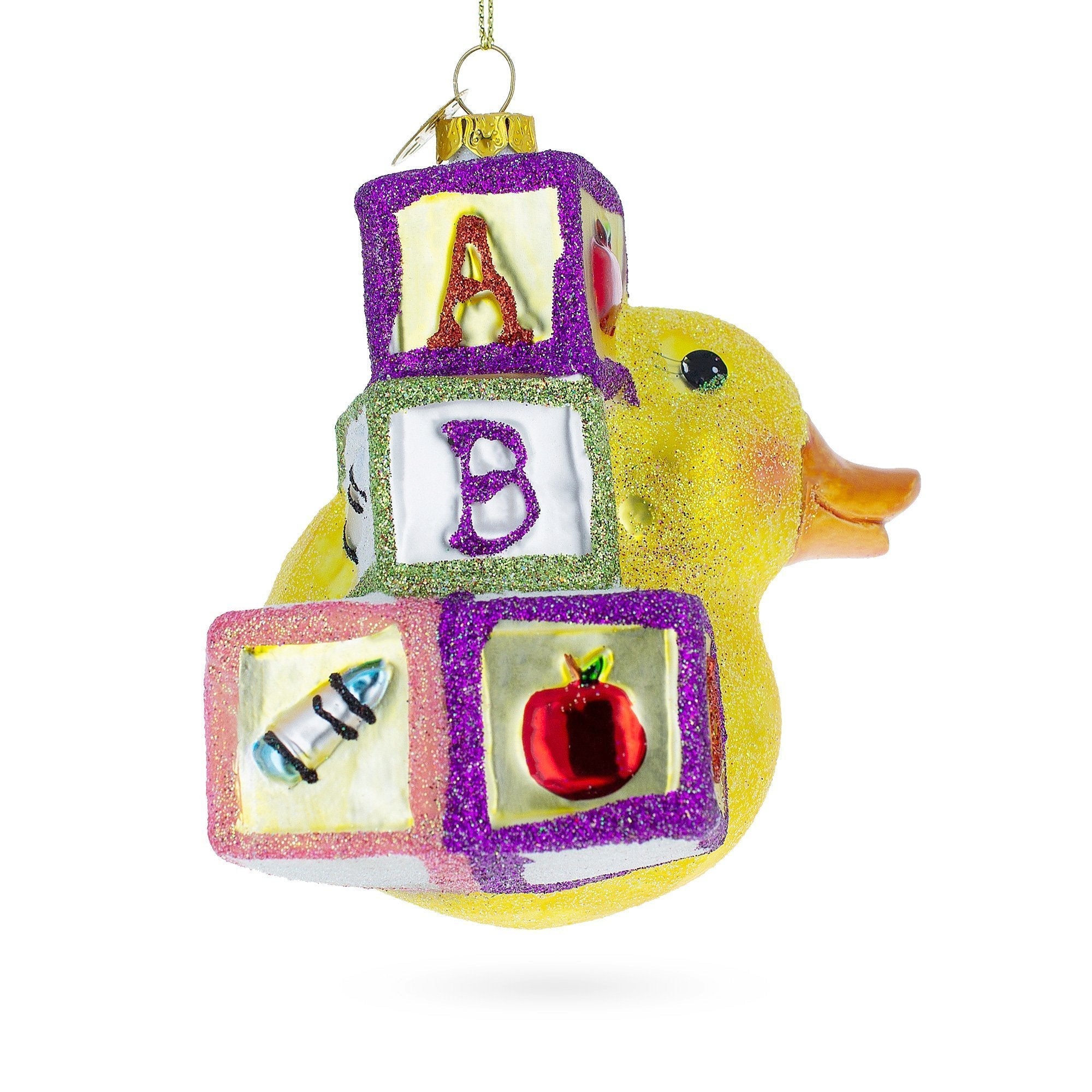 Educational Yellow Duck With Abc Blocks - Blown Glass Christmas Ornament