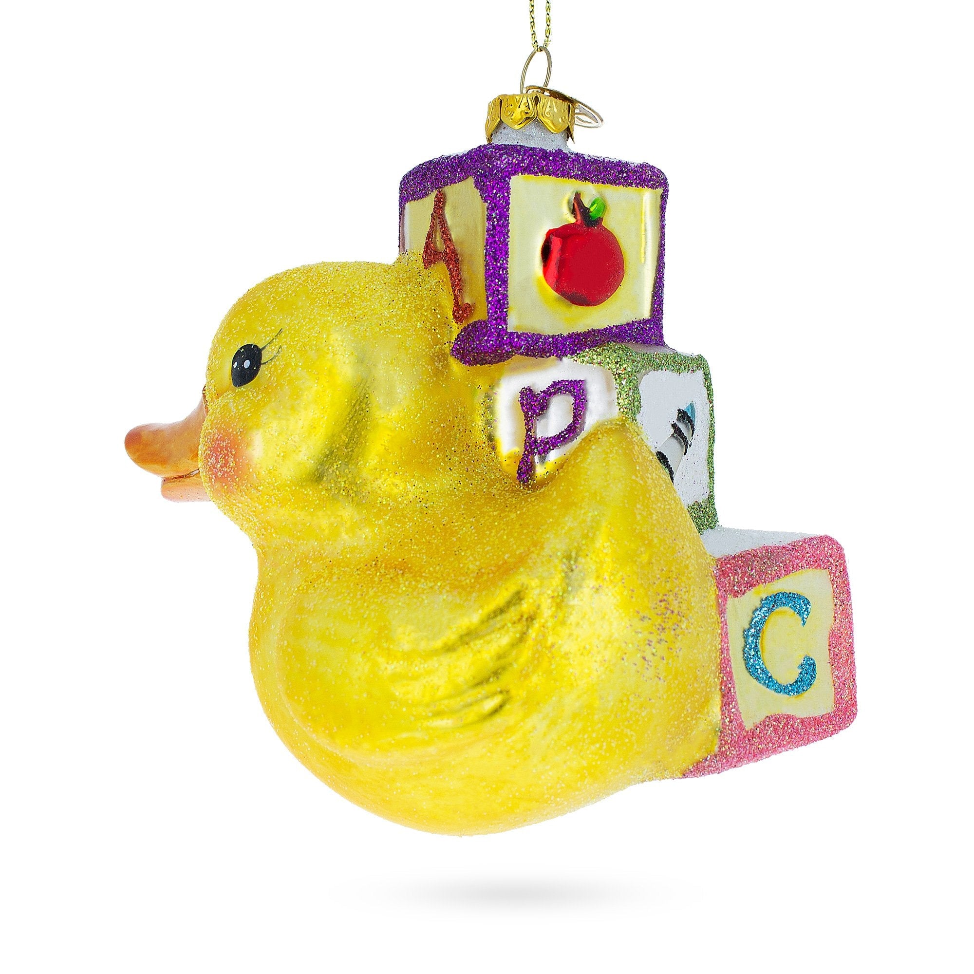 Educational Yellow Duck With Abc Blocks - Blown Glass Christmas Ornament