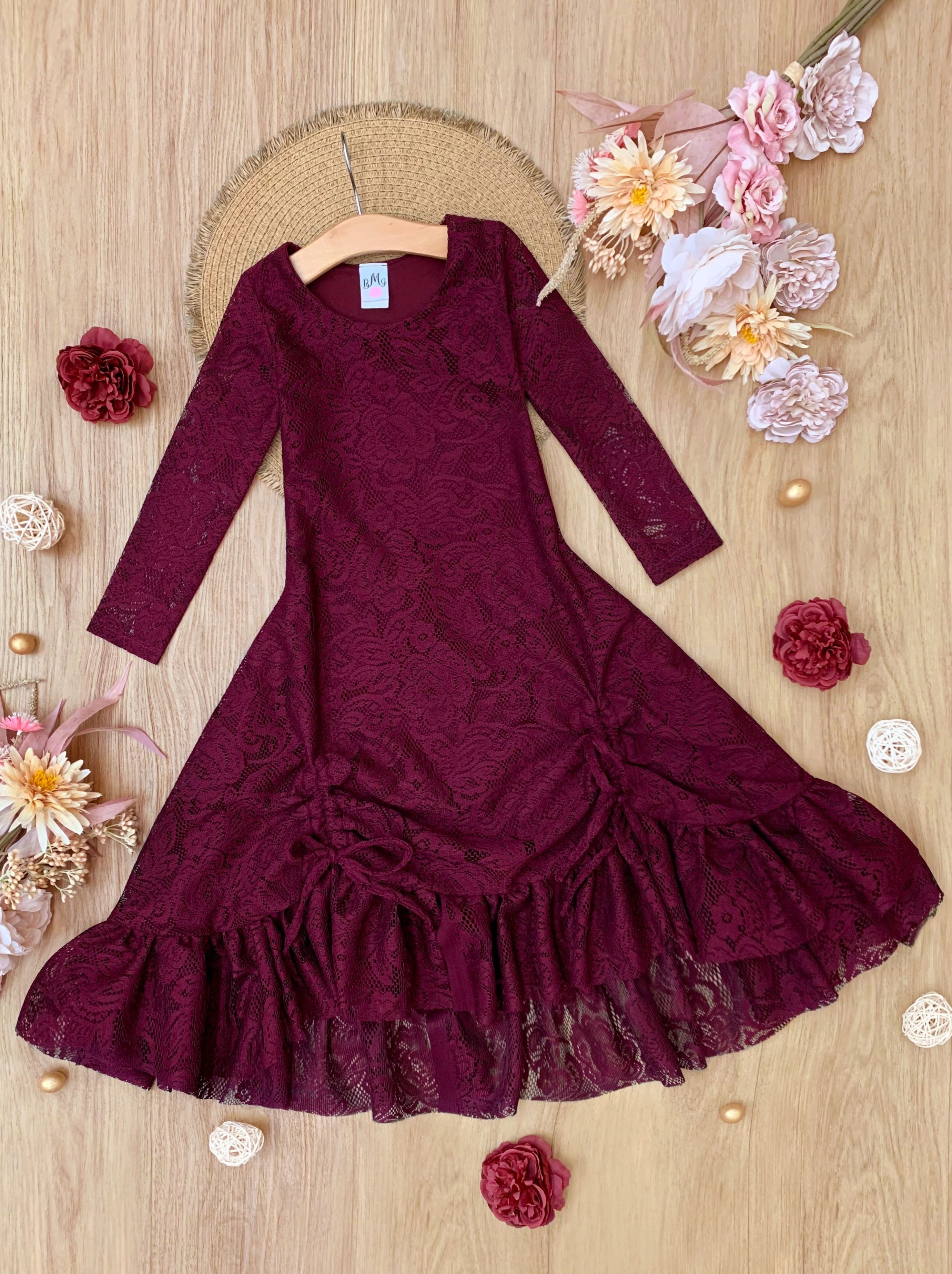 Burgundy Hi-lo Drawstring Lace Ruffle Dress