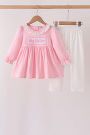 Pink Big Sister Embroidery Ruffle Pants Set