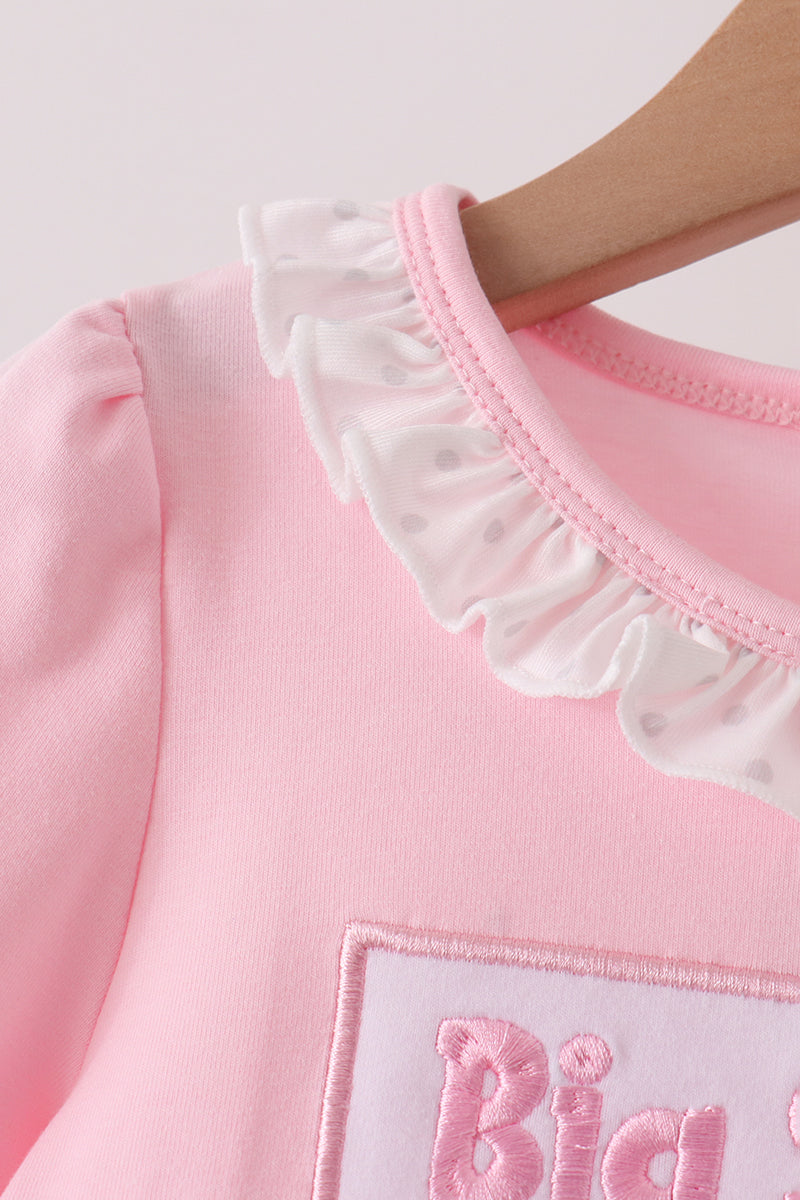 Pink Big Sister Embroidery Ruffle Pants Set