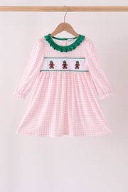 Pink Plaid Gingerbread Embroidery Ruffle Dress