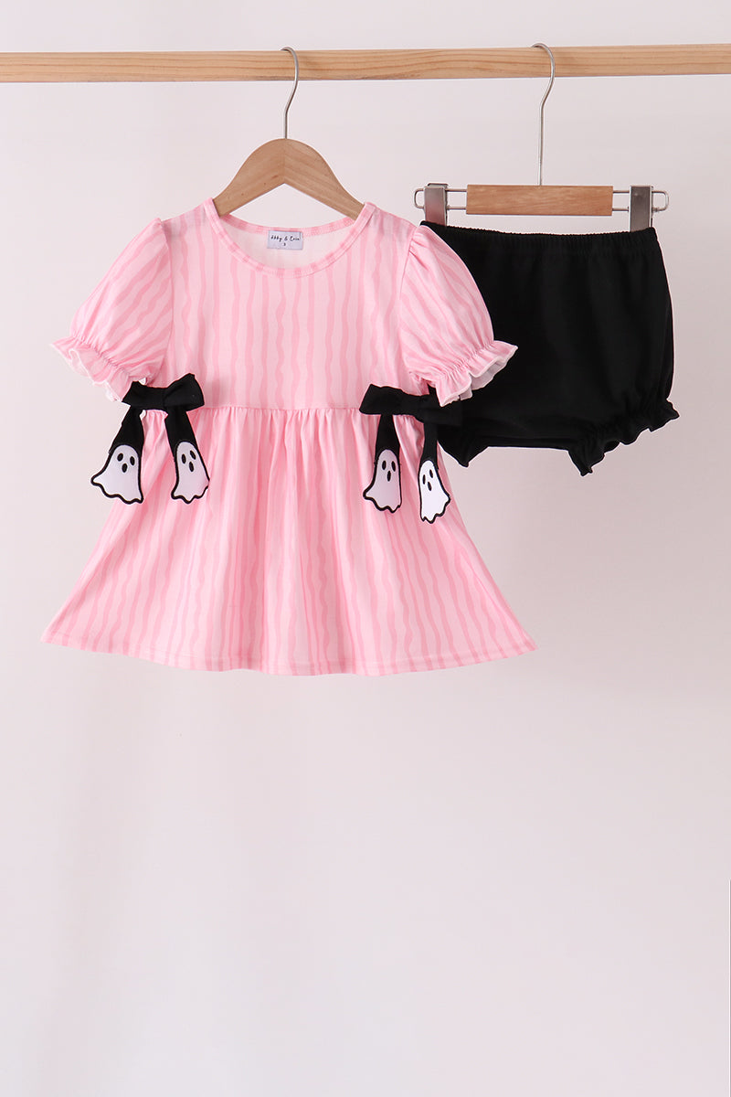 Pink Ghost Applique Stripe Bloomer Set