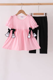 Pink Ghost Applique Stripe Pants Set