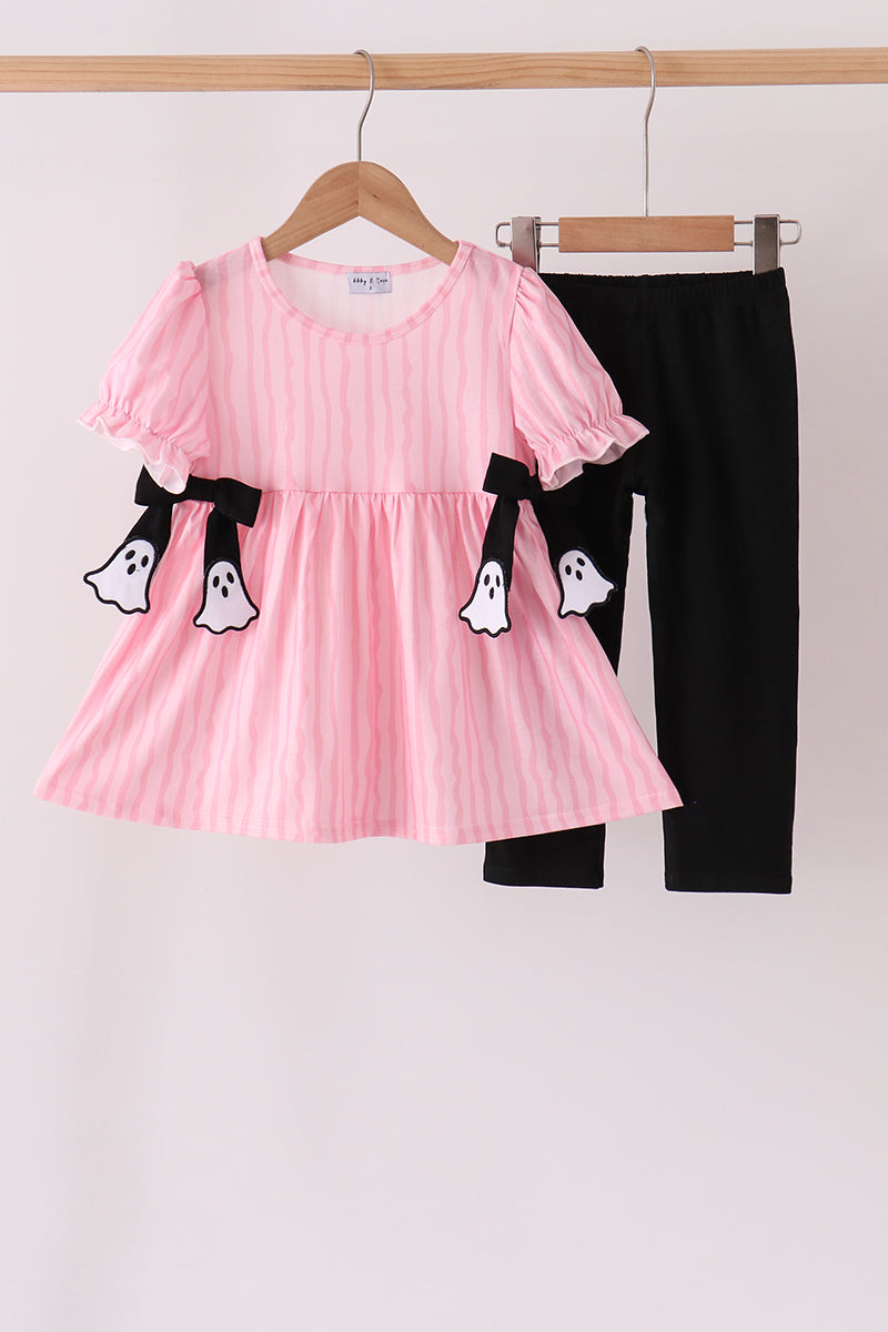 Pink Ghost Applique Stripe Pants Set
