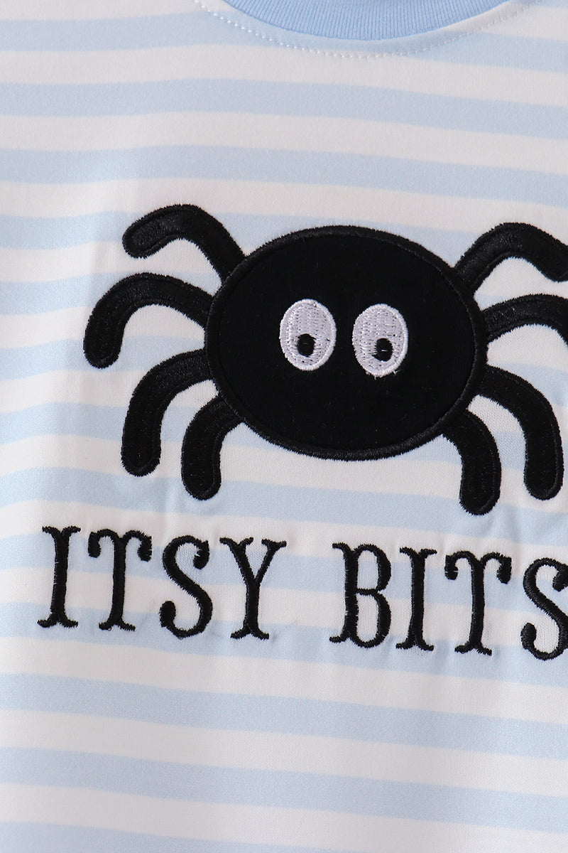 Blue Stripe Spider Embroidery Romper
