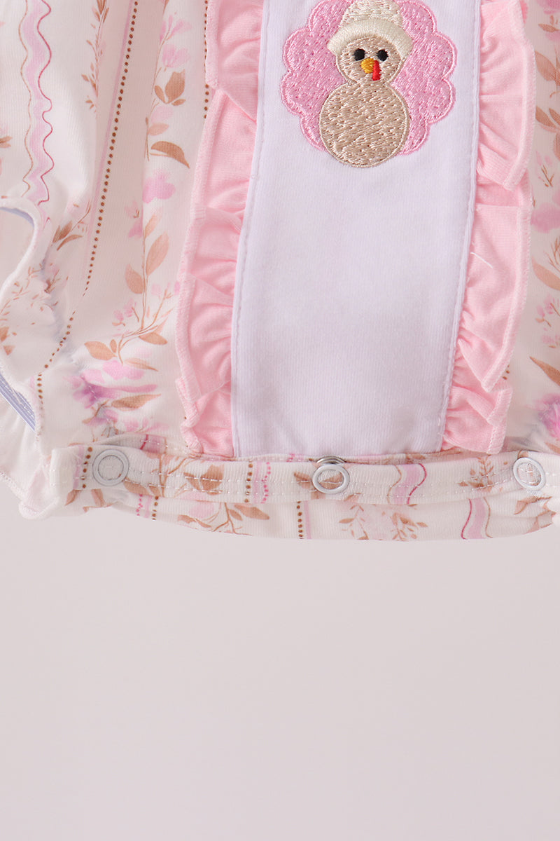 Pink Floral Turkey Embroidery Ruffle Bubble
