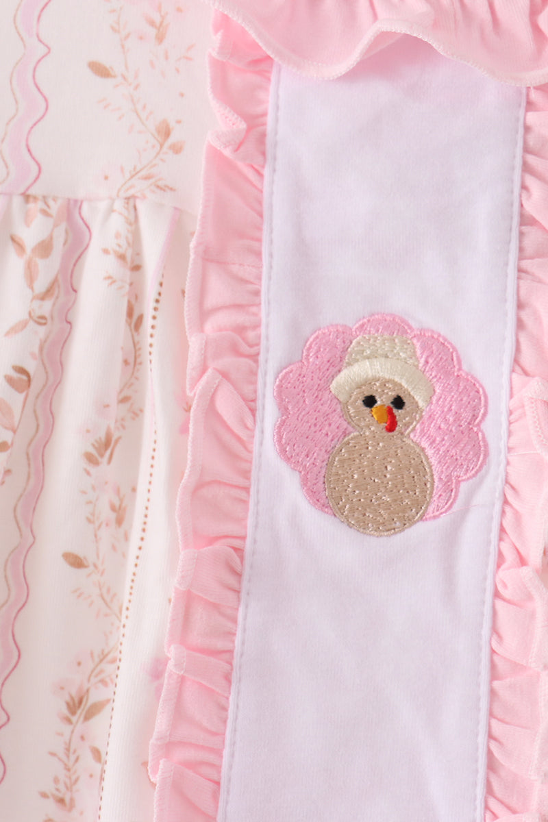 Pink Floral Turkey Embroidery Ruffle Dress