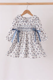 Teal Floral Smocked Bow Dress