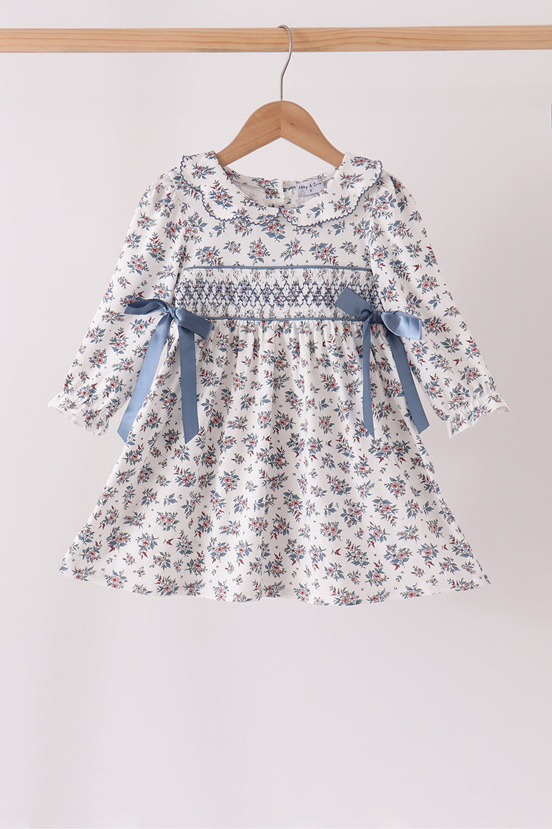 Teal Floral Smocked Bow Dress