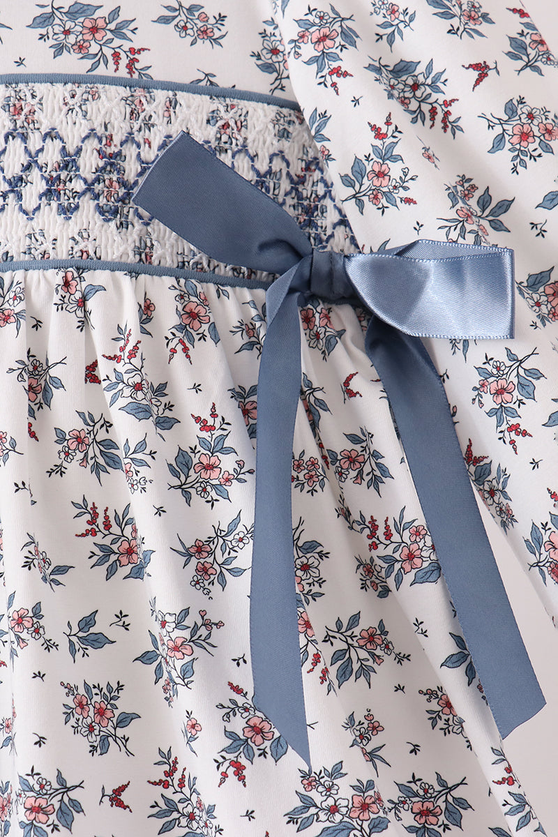 Teal Floral Smocked Bow Dress