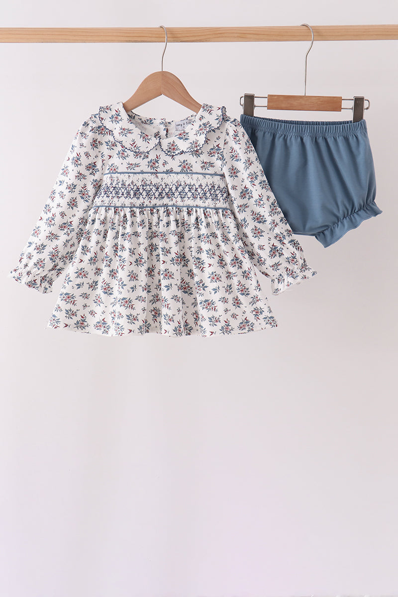 Teal Floral Smocked Bloomer Set