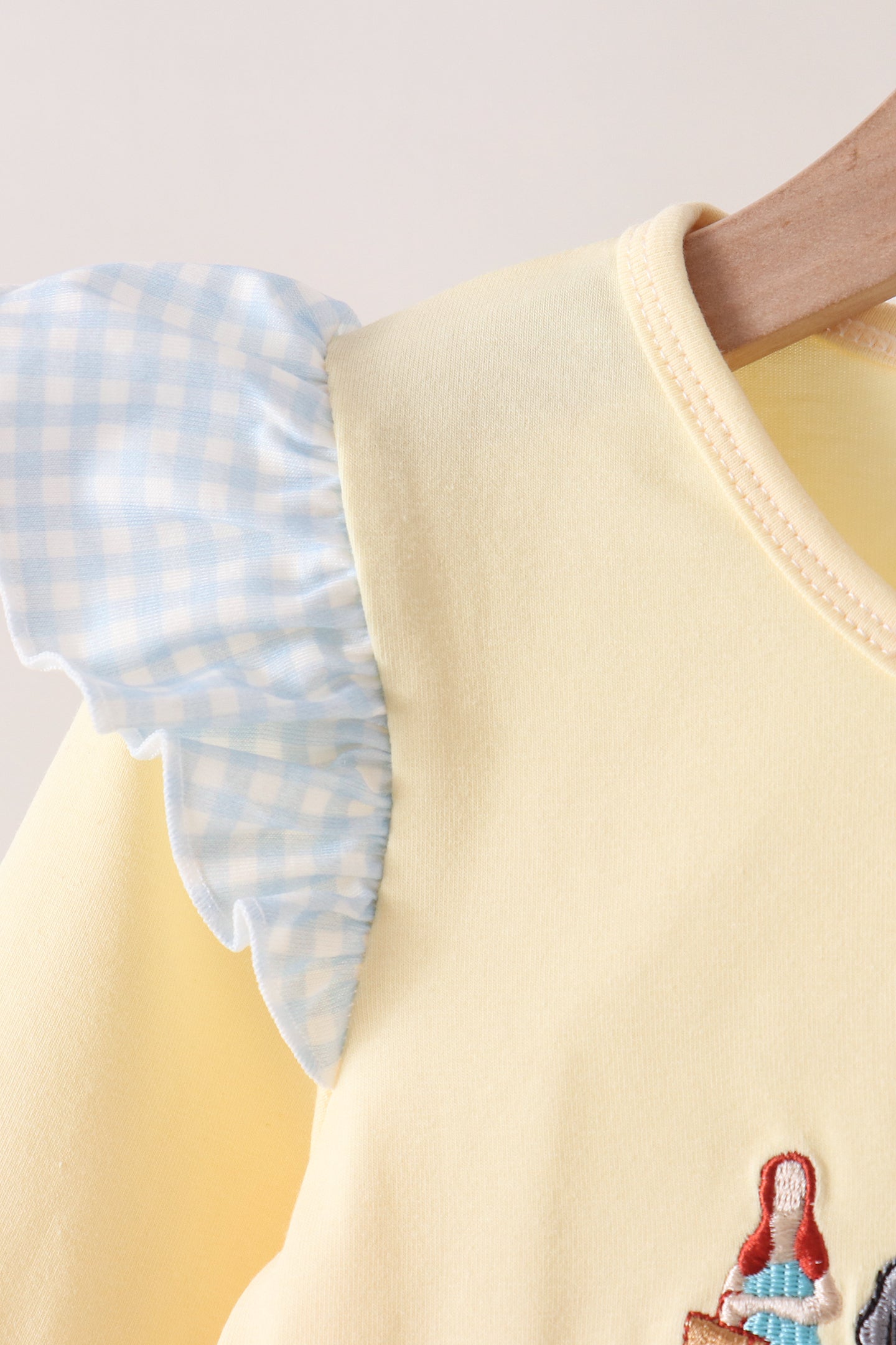 Beige Character Embroidery Gingham Bloomer Set