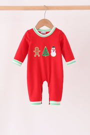 Red Gingerbread Tree Embroidery Romper