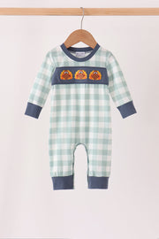 Sage Turkey Embroidery Gingham Romper