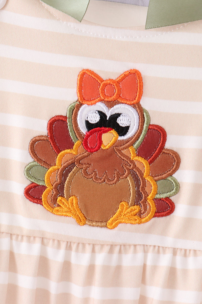 Olive Turkey Applique Stripe Ruffle Romper