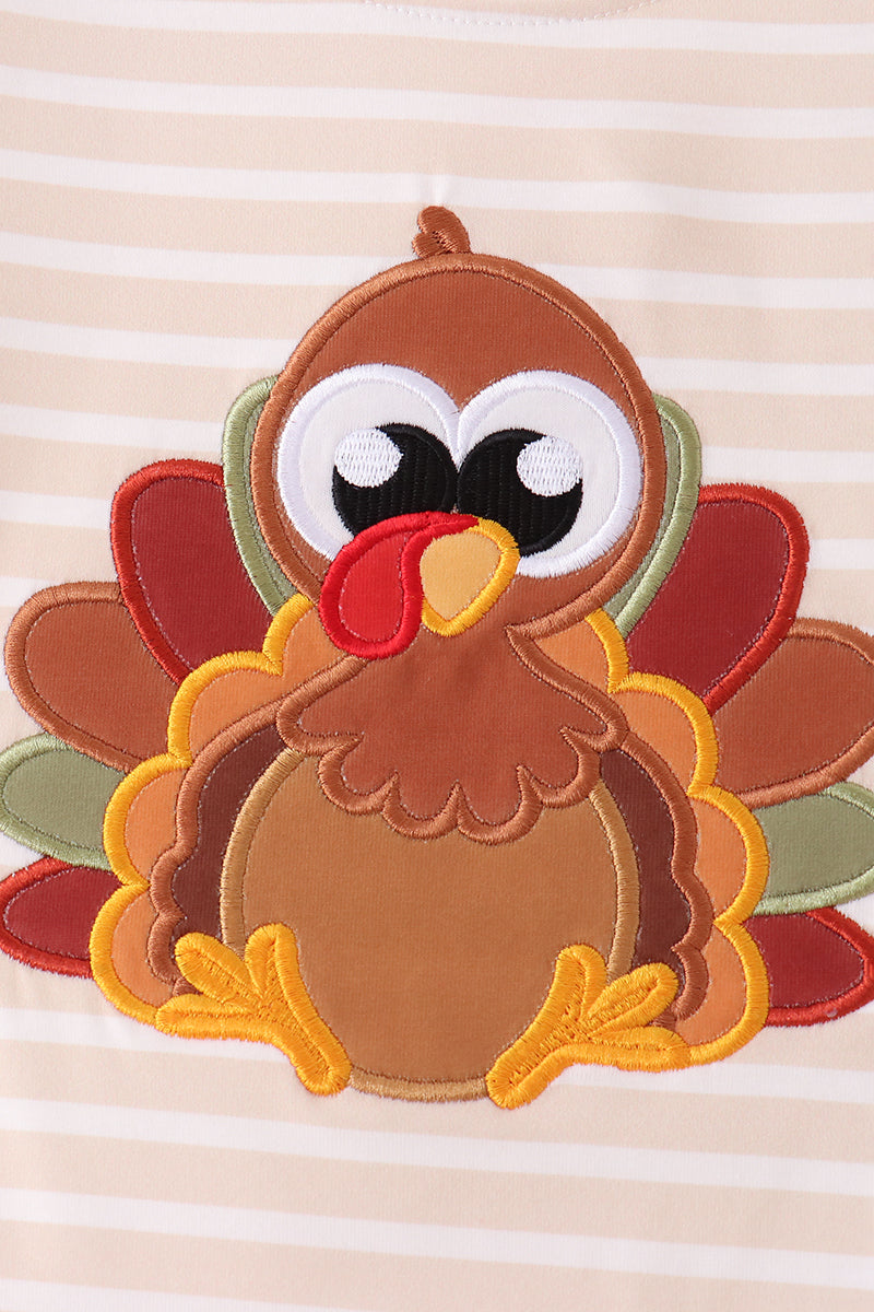 Olive Turkey Applique Stripe Pants Set