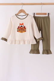 Olive Turkey Applique Stripe Ruffle Pants Set