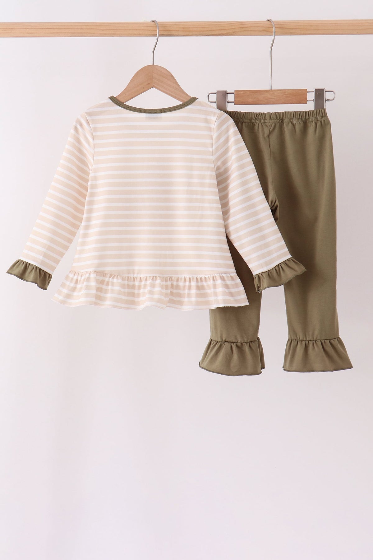 Olive Turkey Applique Stripe Ruffle Pants Set