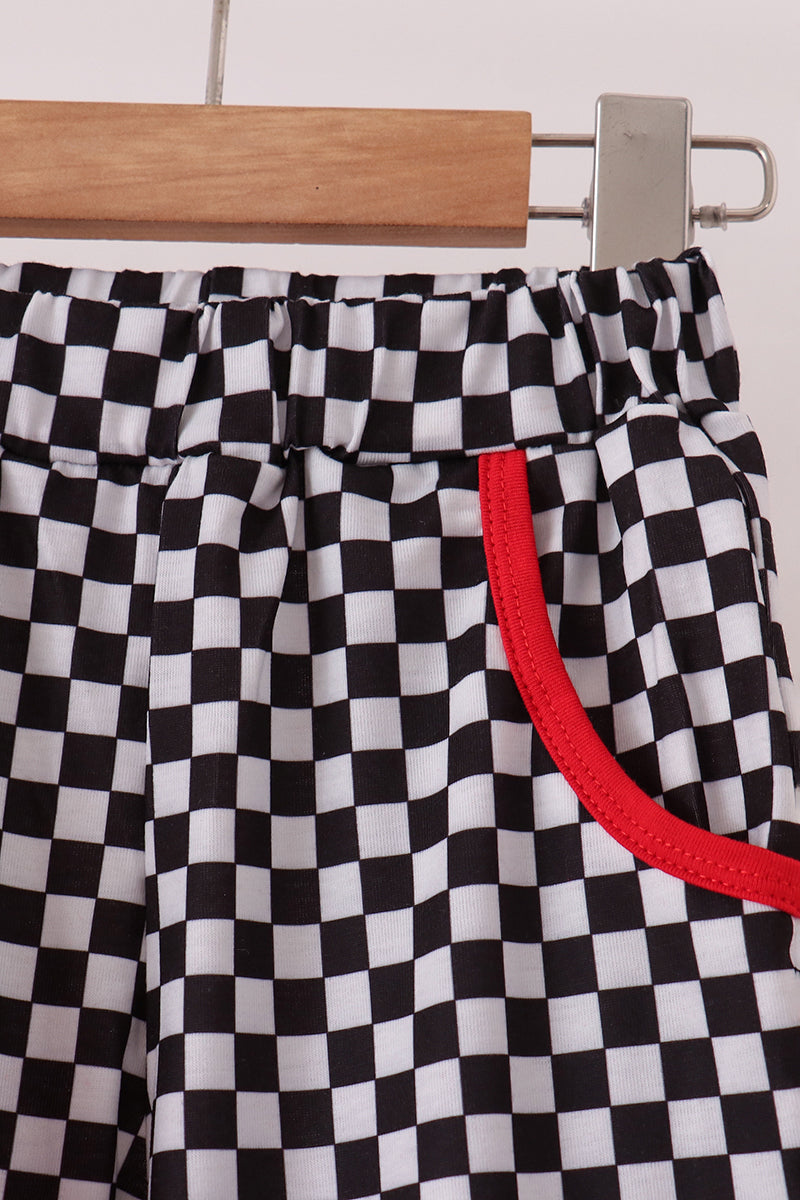 Black Car Embroidery Checkered Pants Set