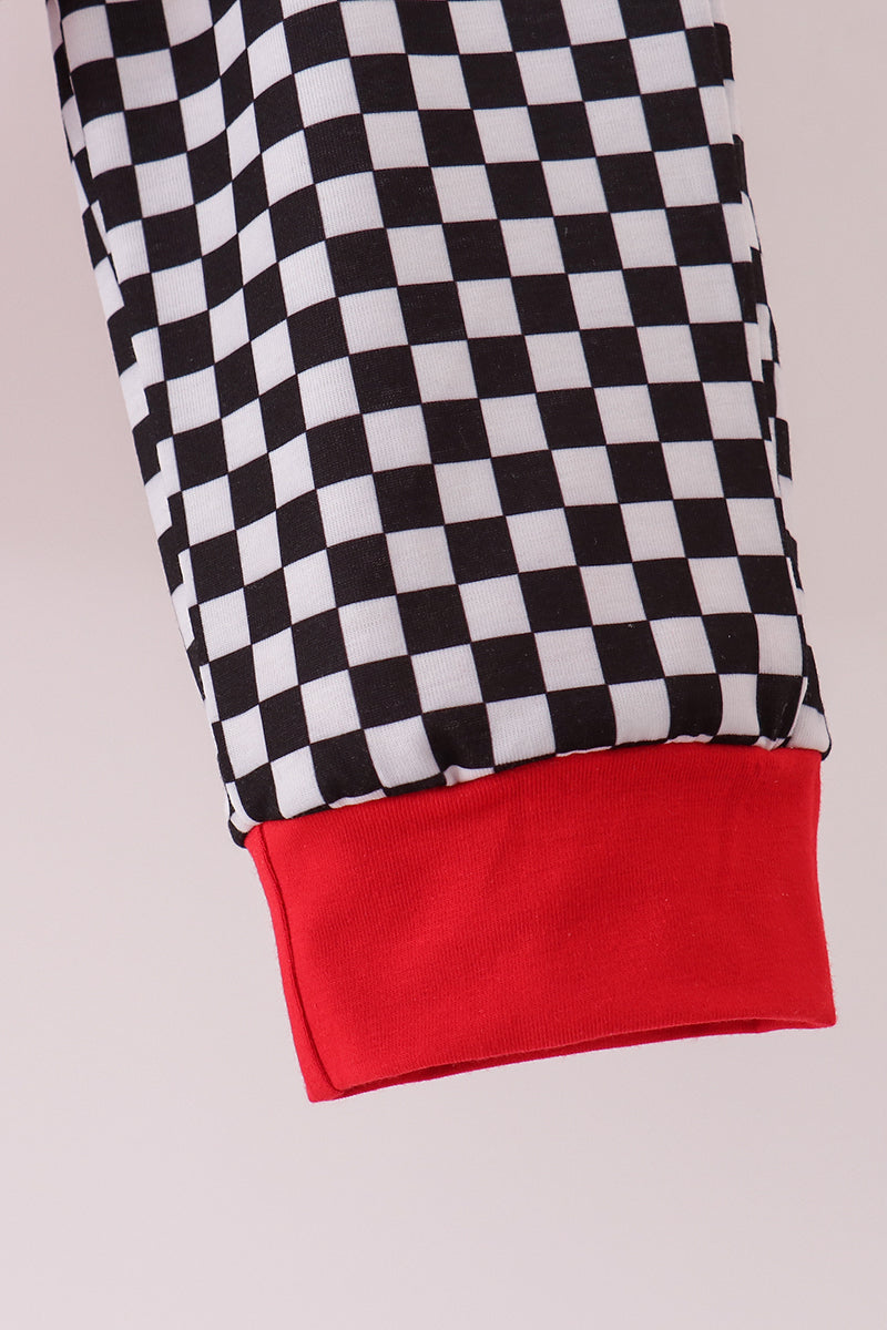 Black Car Embroidery Checkered Pants Set