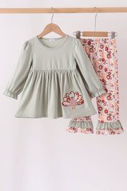 Sage Turkey Applique Ruffle Pants Set