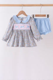 Blue Floral Bow Smocked Bloomer Set