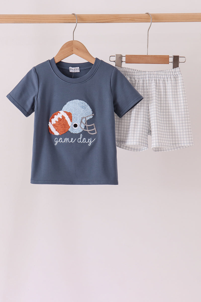 Navy Football Bow French Knot Shorts Set