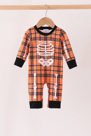 Orange Skeleton Plaid Romper