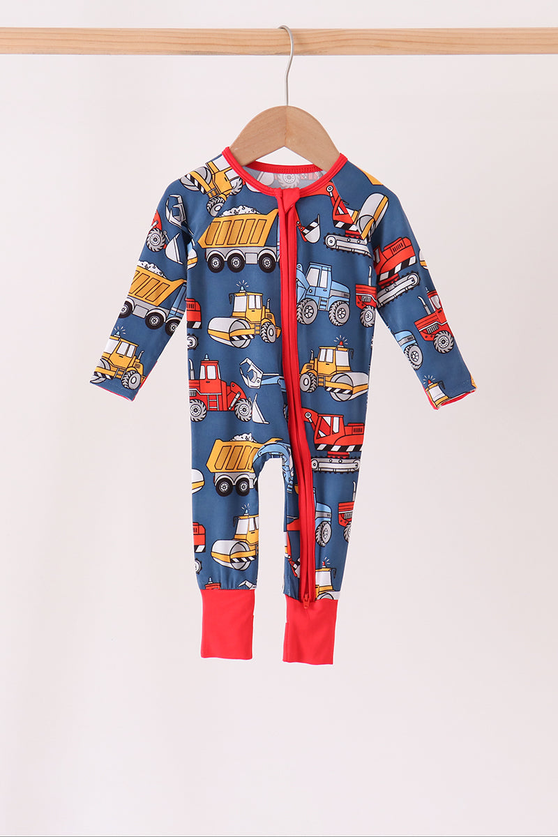 Navy Tractor Print Bamboo Romper