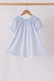 Blue Ghost Embroidery Gingham Dress