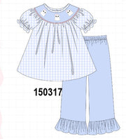 Blue Ghost Embroidery Gingham Ruffle Pants Set