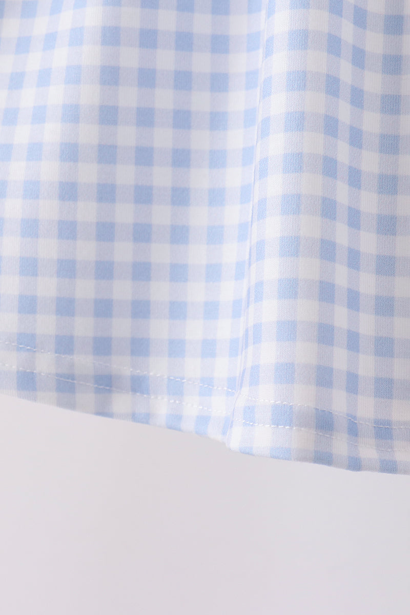 Blue Ghost Embroidery Gingham Ruffle Pants Set