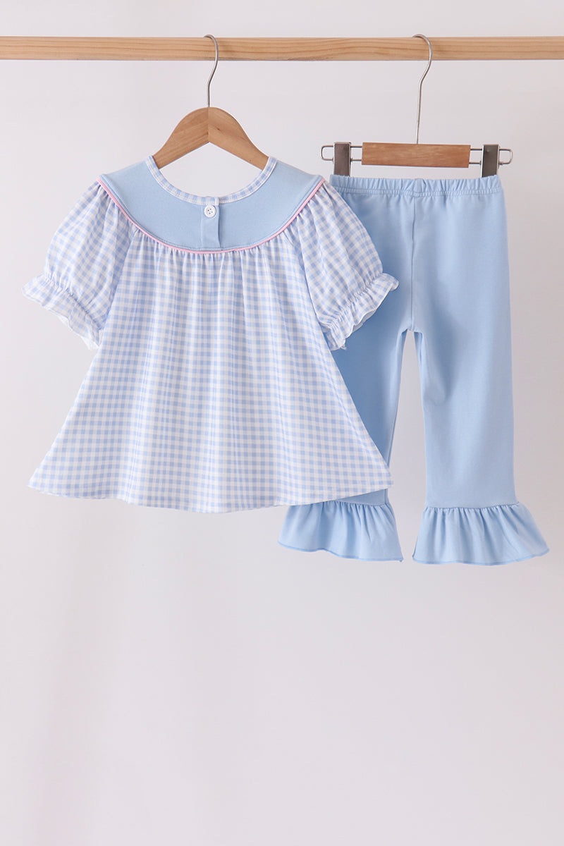 Blue Ghost Embroidery Gingham Ruffle Pants Set