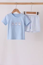 Blue Ghost Embroidery Gingham Shorts Set