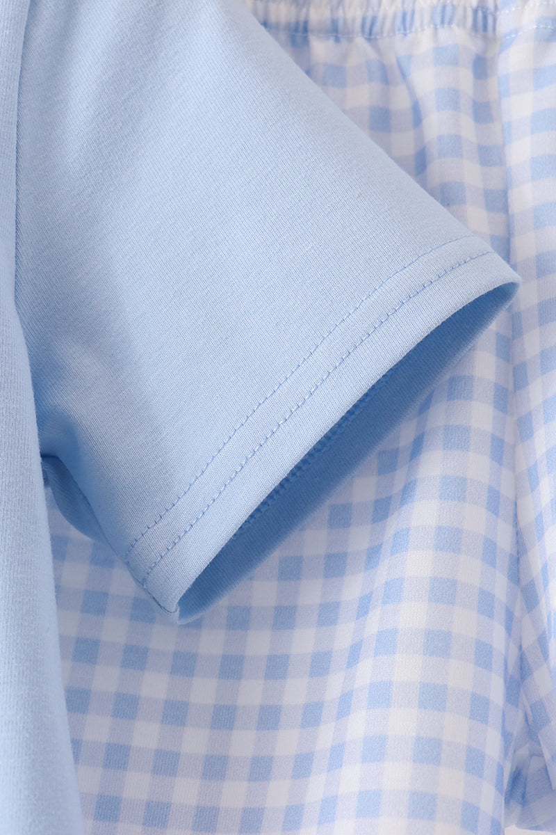 Blue Ghost Embroidery Gingham Shorts Set