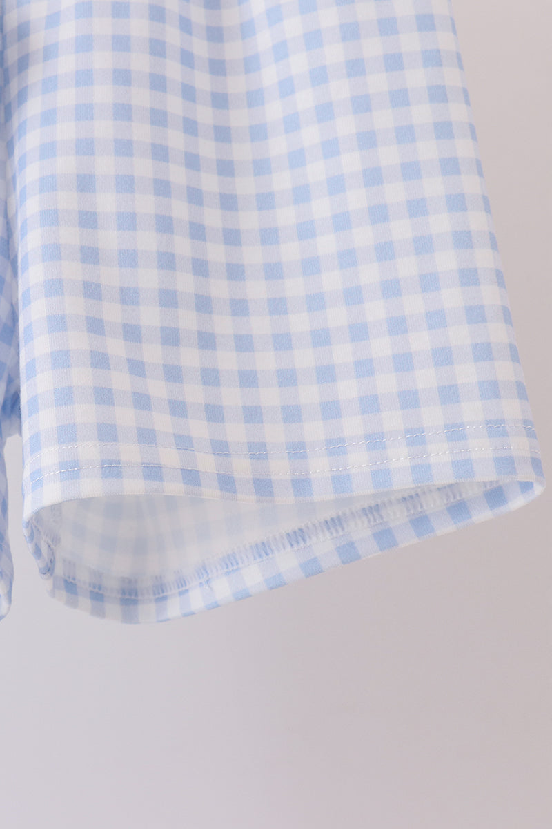 Blue Ghost Embroidery Gingham Shorts Set