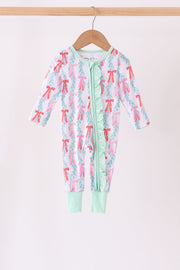 Green Bow Christmas Tree Bamboo Zipper Romper